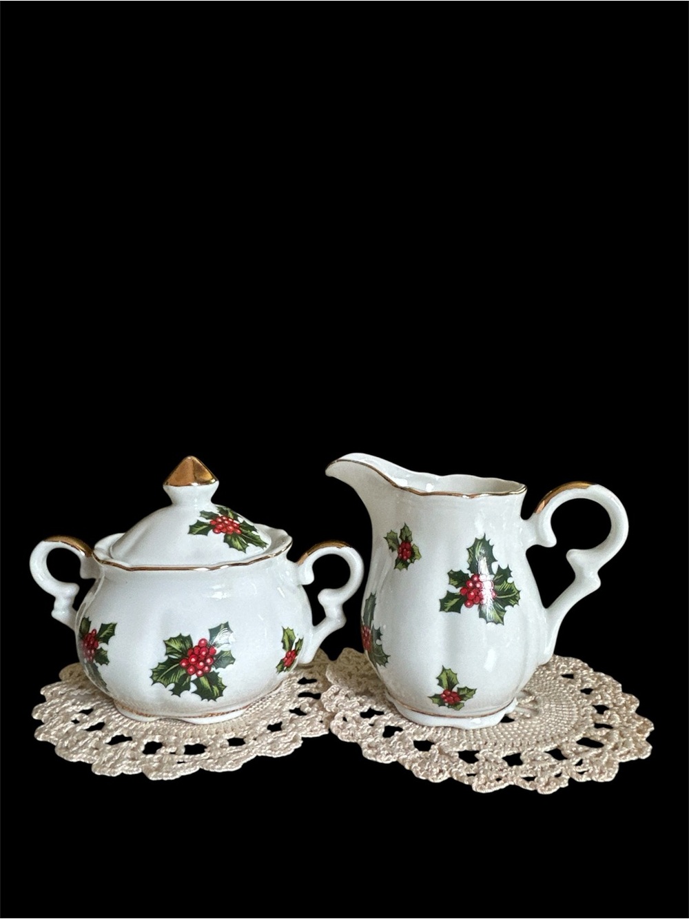 vintage mid-century porcelain creamer and lidded sugar bowl holiday set